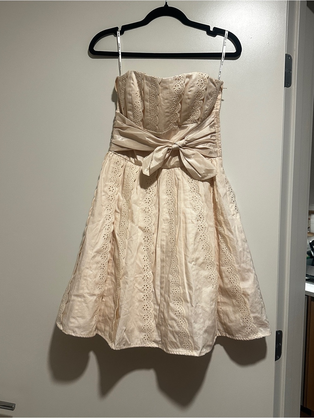 Betsey Johnson Strapless Eyelet Lace A-Line Dress with Bow - Cream